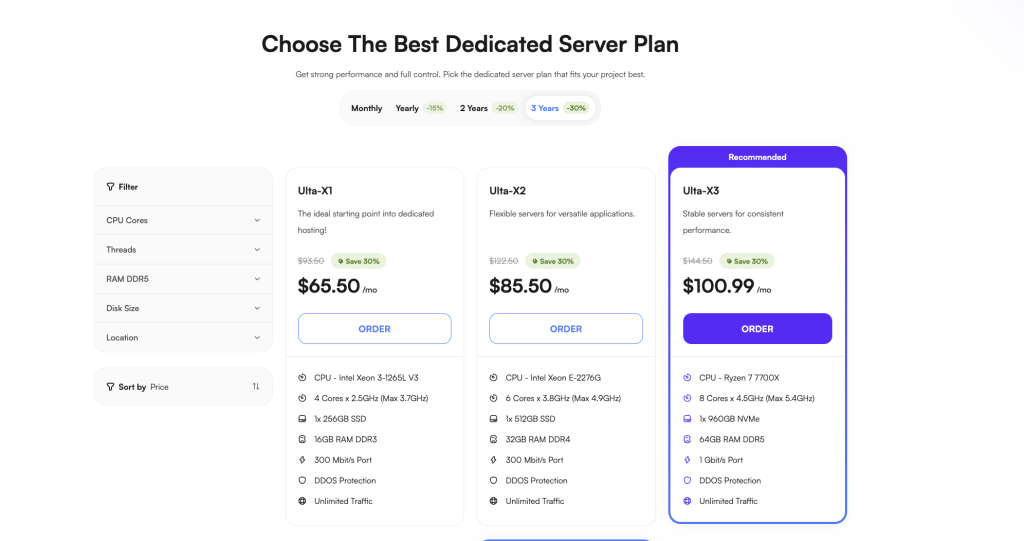 UltaHost Dedicated Server Plans